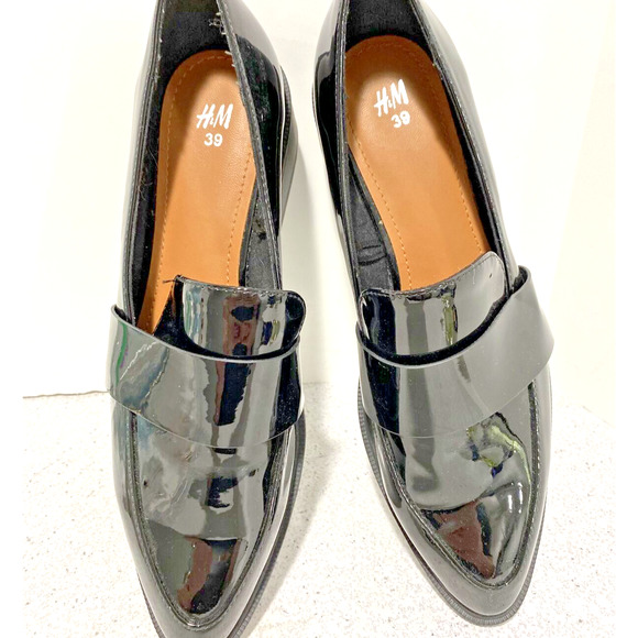 H&M Black Patent Penny Loafers Classic Career Casual Low Heels EU 39 / US 8M - Picture 3 of 12